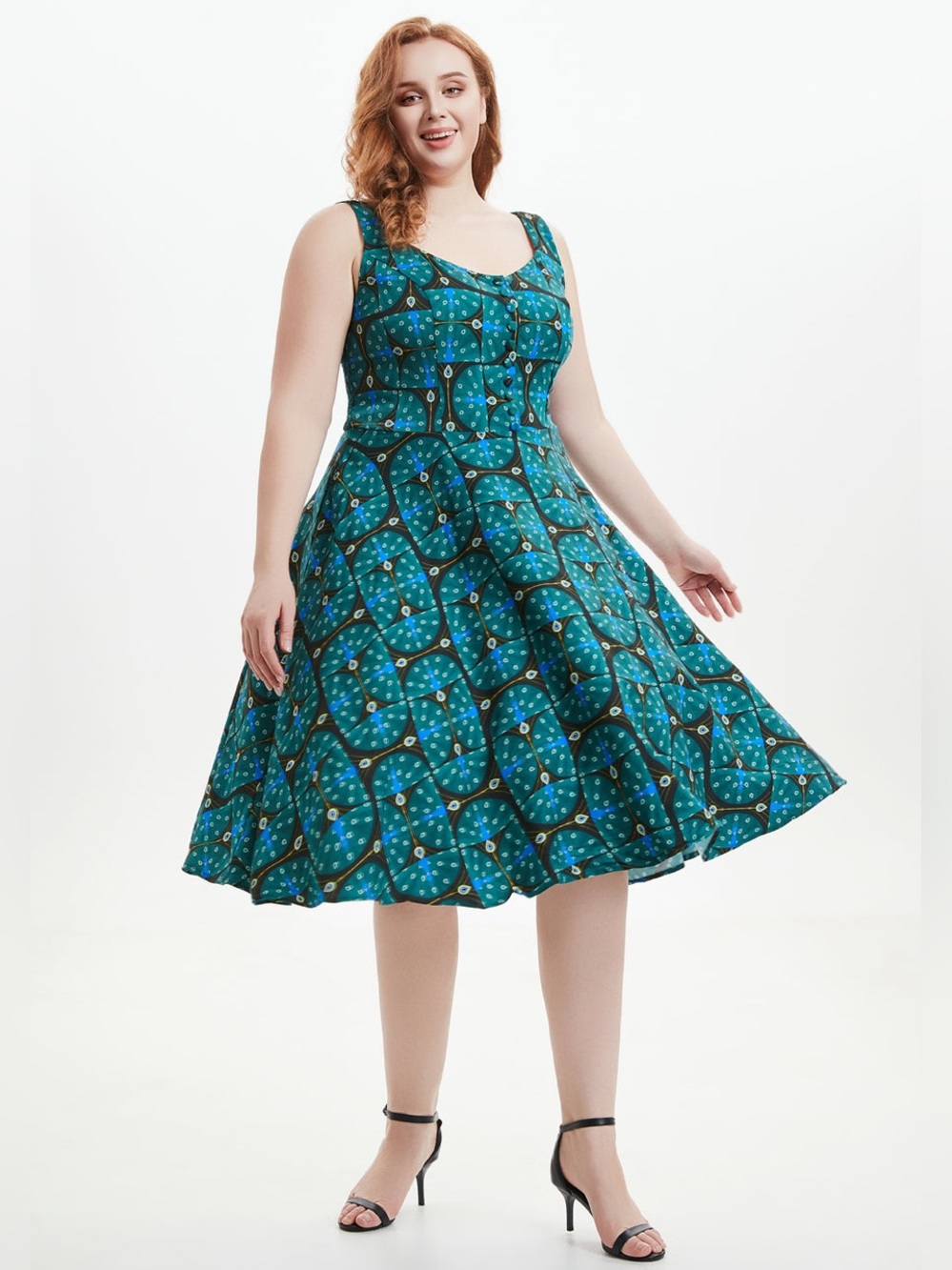 Miss Lulo Heidi Art Deco Peacock Dress Women’s Size 1X Fit & Flare Midi Retro